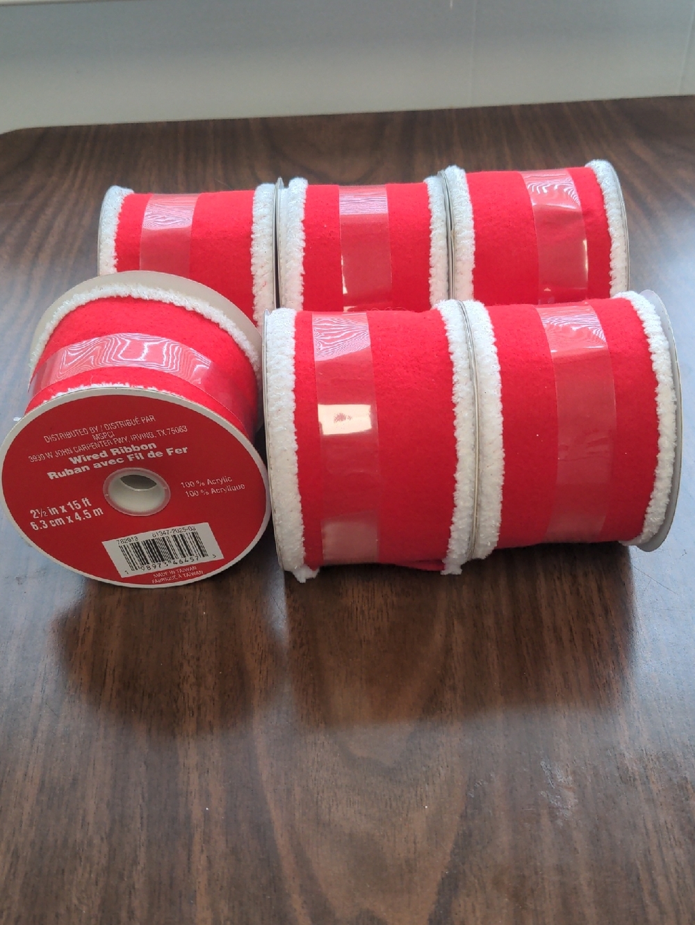 Red Felt Wired Ribbon with White Faux-Fur Edging - 6 Rolls